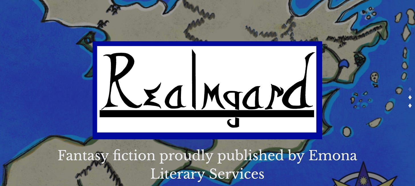 The frontpage of the Realmgard website, featuring the Realmgard logo and a map of Realmgard itself.