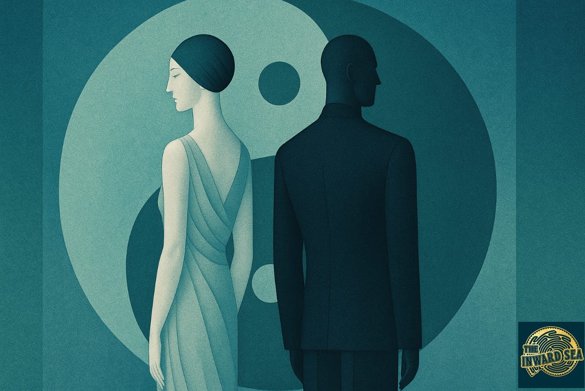 1920s Art Deco-style illustration of a man and woman standing back-to-back, facing away from the viewer. The background features a large yin-yang symbol in layered shades of blue, teal, and green. The figures are minimalist and elongated, dressed in elegant attire, with flat colors and geometric forms evoking vintage fashion and calm sophistication.
