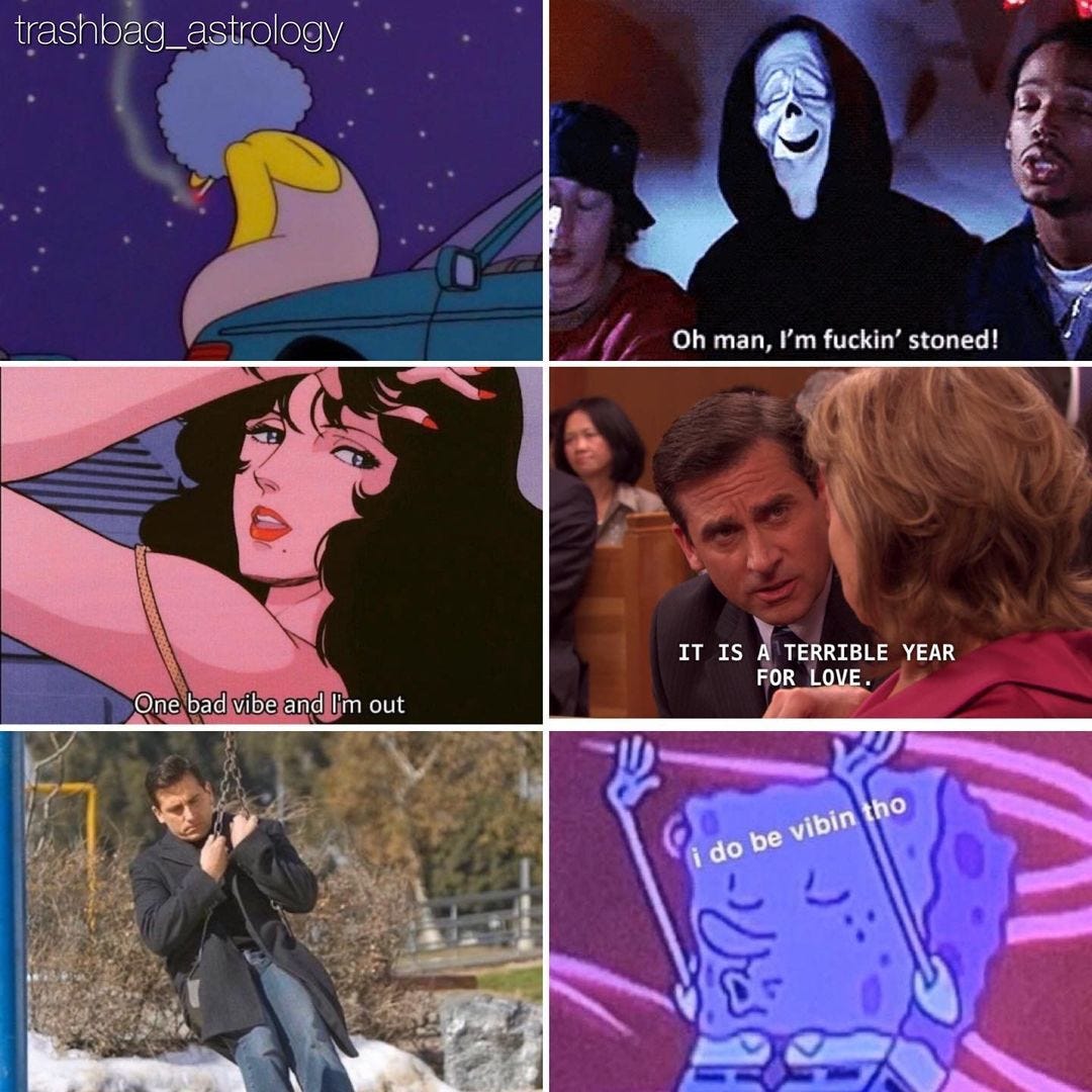 Collage of pisces-related images and memes generally focussed on indulgent over emotional moments and references to vibes