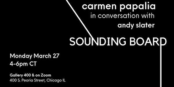 On a black background, white text spells out the title, "SOUNDING BOARD," in all caps, with white lines extending from two of the letters to imitate a white cane sweeping toward the ceiling and a white cane resting in a vertical position. Additional white text details the event time/day and location.