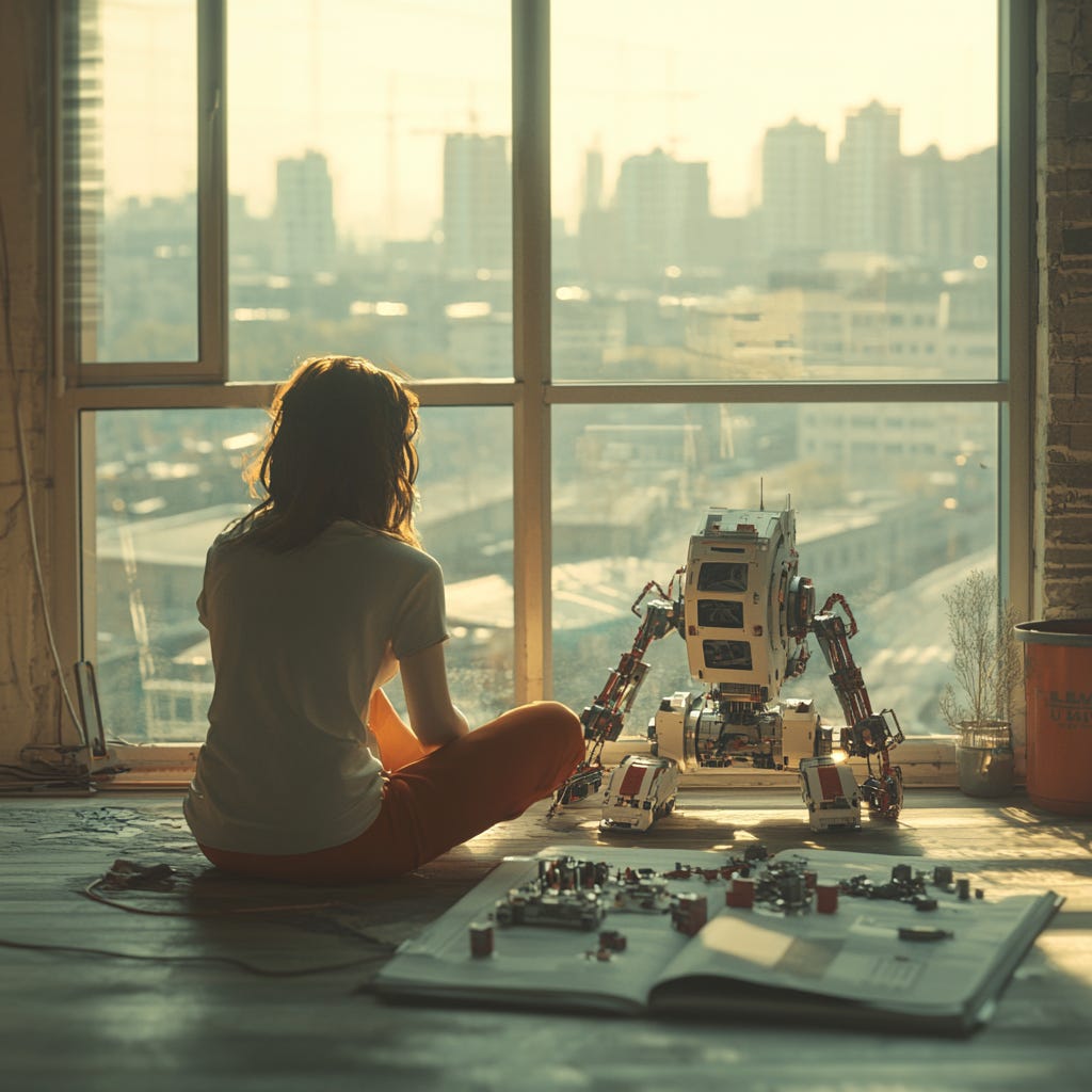 A young woman sits on the floor in a spacious, brightly lit room. Through the window, you can see the city in bright sunlight. In front of the woman, on the floor, are lying parts of a robot. A large assembly manual is lying nearby