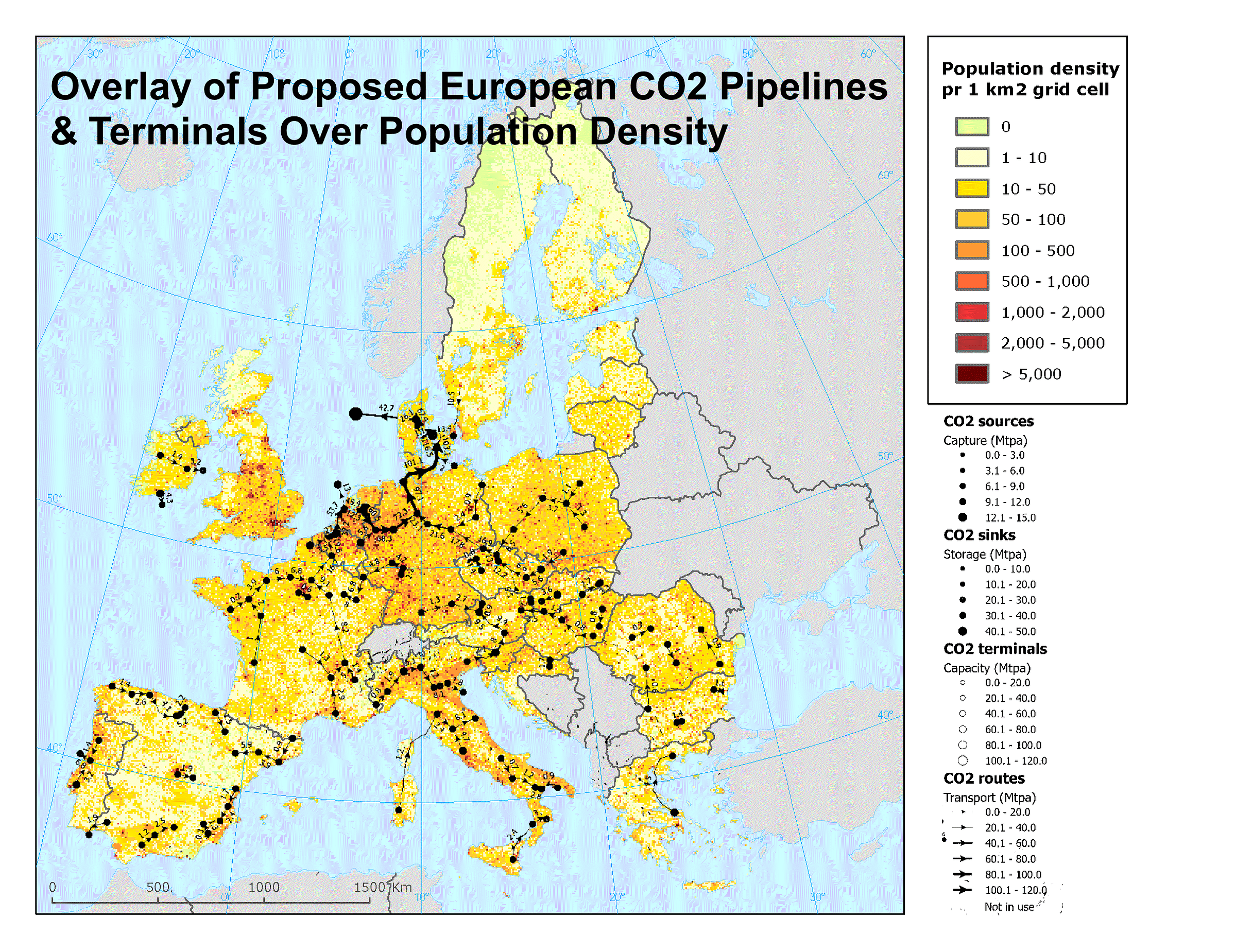 Overlay of proposed European CO2 pipelines and terminals on top of a map of European population density by authorMap overlaying proposed European CO₂ pipelines and terminals on population density, highlighting the routing and public-safety challenge of large CO₂ networks through populated corridors.