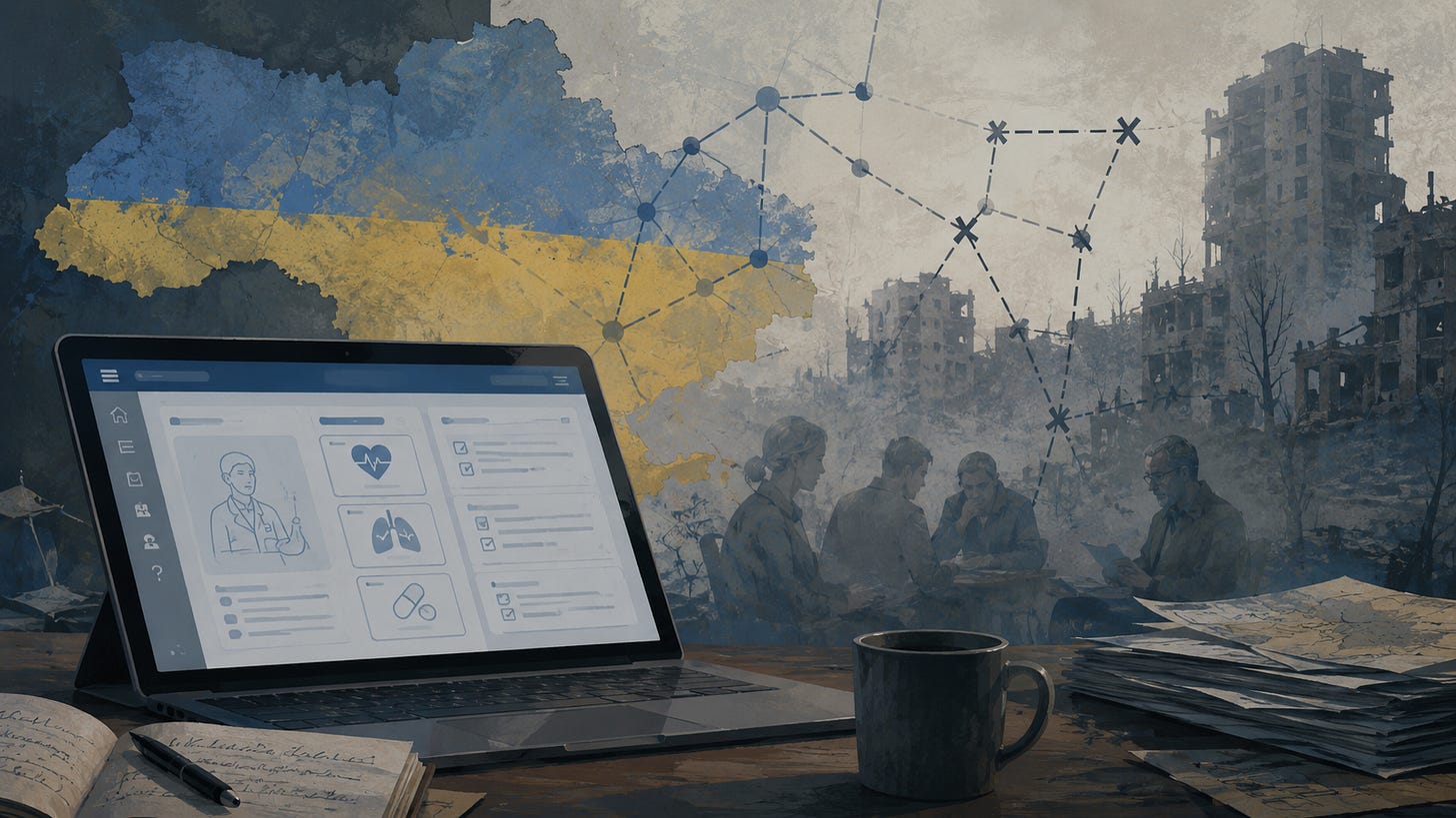 A laptop showing clinical guidance resources in front of a map of Ukraine and a war-damaged urban landscape, illustrating the limits of digital health support without trusted local networks. A laptop showing clinical guidance resources in front of a map of Ukraine and a war-damaged urban landscape, illustrating the limits of digital health support without trusted local networks.