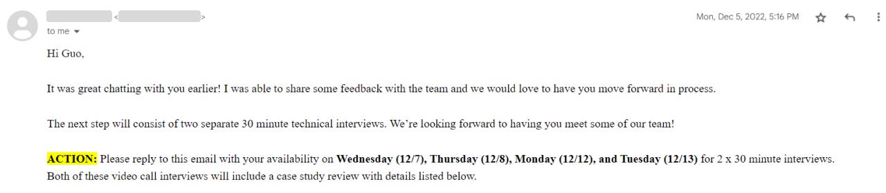 Email from recruiter moving me to the second round