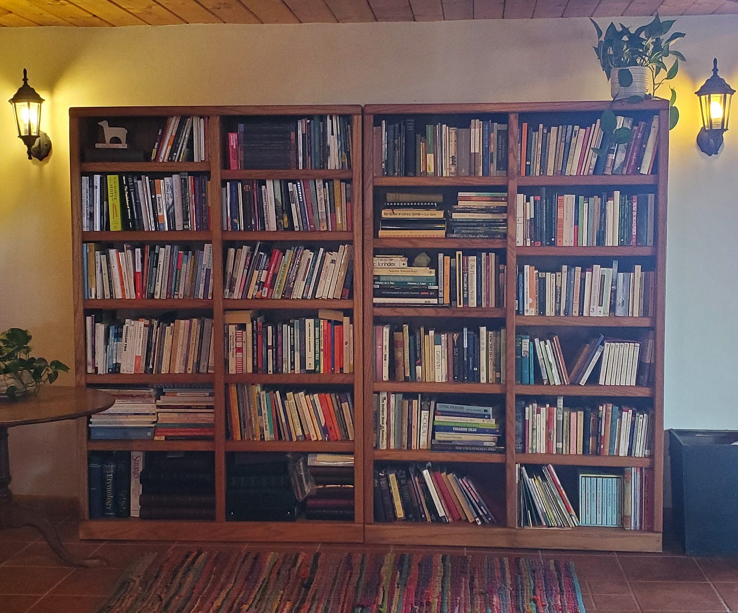 Two tall bookshelves stand next to each other, filled completely with books. The bookshelves are positioned in between to sconce lights. A table and plant sit to one side. Another plant sits atop one of the bookshelves. A colorful, striped rug sits on the floor in front of the shelves.