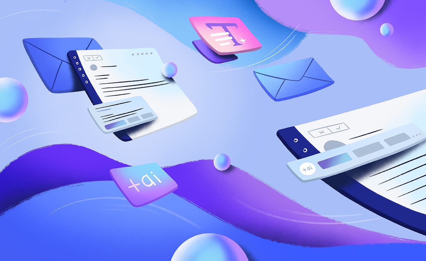 Screen windows with the email app open, floating together with different elements on a purple-blue background.