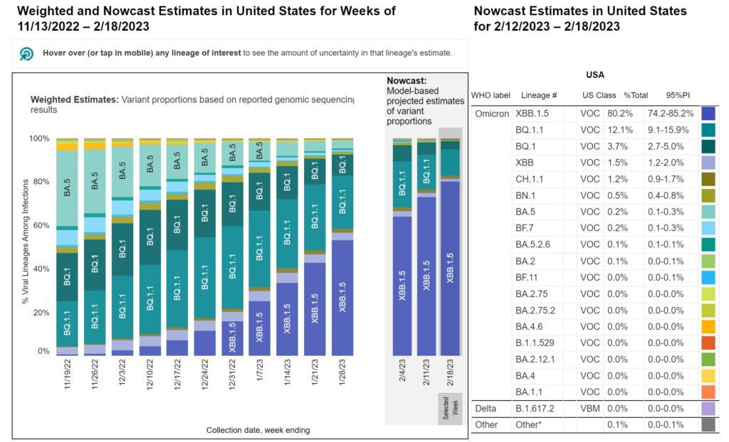 A stacked bar chart with weeks on the x-axis shows weeks from Nov 13, 2022 to Feb 18, 2023 and y-axis as percentage of viral lineages among infections. The recent 3 weeks are labeled as Nowcast projections. XBB.1.5 (dark purple) continues to increase, making up about 80.2 percent of current week infections. BQ.1.1 (teal) has decreased in recent weeks but remains the second most prevalent lineage currently around 12.1 percent. BQ.1 (dark teal) is now about half as prevalent as BQ.1.1 but remains visibly labeled. BA.5 (light teal), which in October was the dominant lineage, is now down to nearly zero visibility - joined by XBB (periwinkle purple) and a handful of other colors in the week ending Feb 18, 2023. A stacked bar chart with weeks on the x-axis shows weeks from Nov 13, 2022 to Feb 18, 2023 and y-axis as percentage of viral lineages among infections. The recent 3 weeks are labeled as Nowcast projections. XBB.1.5 (dark purple) continues to increase, making up about 80.2 percent of current week infections. BQ.1.1 (teal) has decreased in recent weeks but remains the second most prevalent lineage currently around 12.1 percent. BQ.1 (dark teal) is now about half as prevalent as BQ.1.1 but remains visibly labeled. BA.5 (light teal), which in October was the dominant lineage, is now down to nearly zero visibility - joined by XBB (periwinkle purple) and a handful of other colors in the week ending Feb 18, 2023.