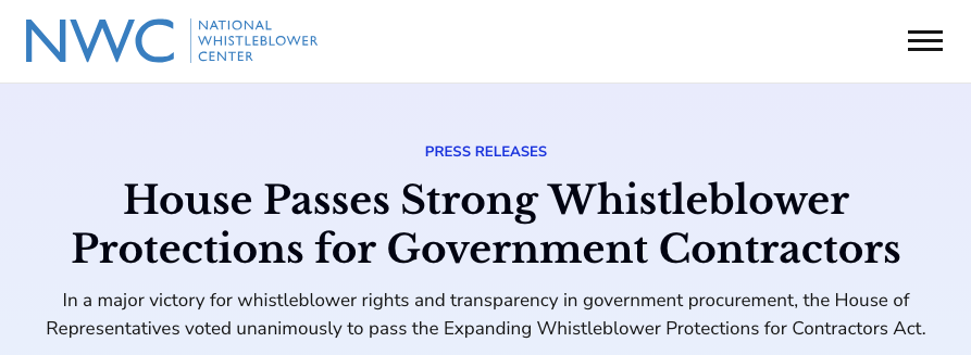 Screenshot of National Whistleblower Center article on the US House passing new whistleblower protections