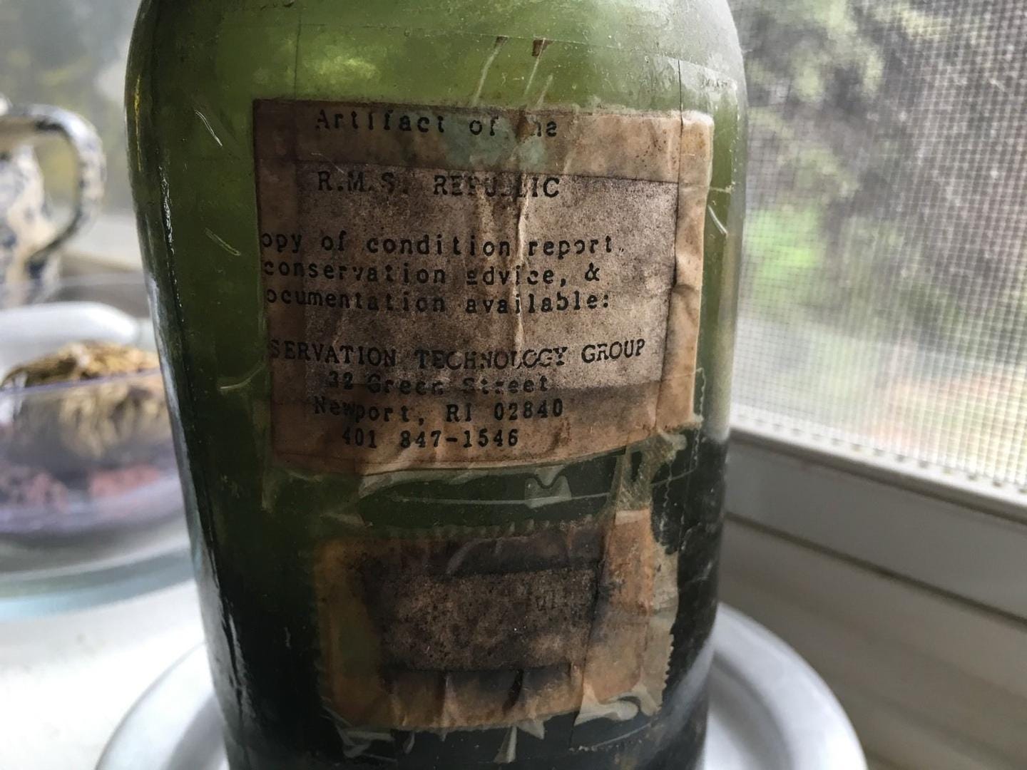 A wine bottle recovered from the RMS Republic by Martin Bayerle.