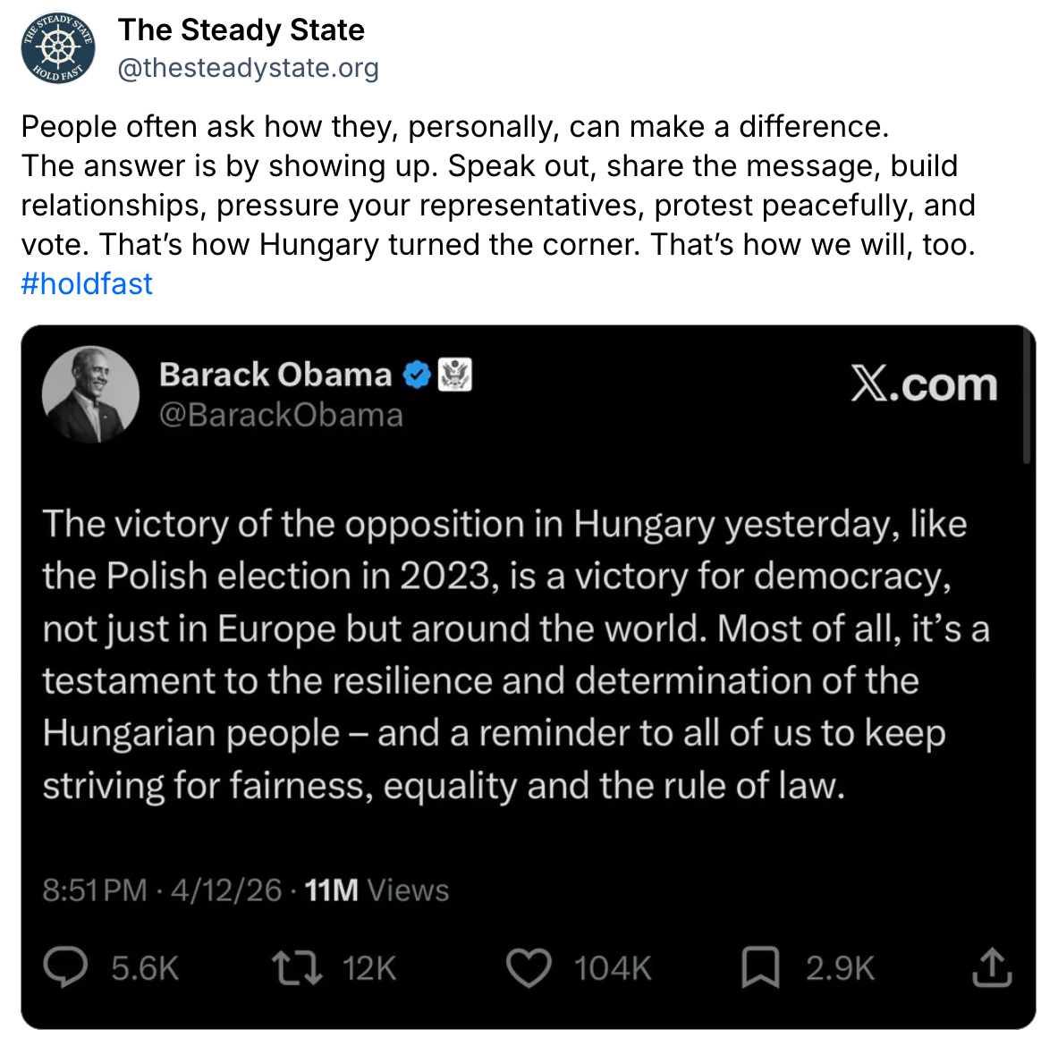 People often ask how they, personally, can make a difference. The answer is by showing up. Speak out, share the message, build relationships, pressure your representatives, protest peacefully, and vote. That’s how Hungary turned the corner. That’s how we will, too. #holdfast