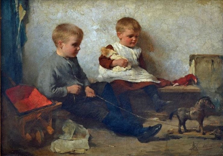 'Spielende Kinder mit Pferd' - olieverf op doek: Frederik Nachtweh (herkomst: coll. Galerie am Elisengarten, Aken) 'Spielende Kinder mit Pferd' - olieverf op doek: Frederik Nachtweh (herkomst: coll. Galerie am Elisengarten, Aken)