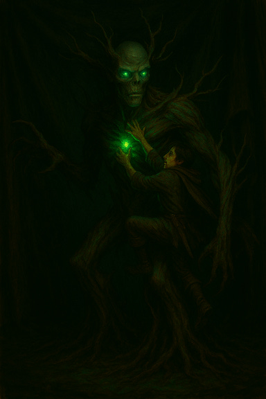 A dramatic dark fantasy scene featuring Greegan climbing up the massive tree blight Wintersplinter. Wintersplinter is a towering skeletal creature made of gnarled bark and twisted roots, with a skull-like face and glowing veridian gem embedded in its chest. Its hollow eye sockets glow faint green, and jagged branches extend from its crown. Greegan, a rugged, wiry man with tousled dark hair and mischievous eyes, is mid-climb up Wintersplinter’s torso, gripping twisted bark and roots with one hand while reaching toward the glowing gem with the other. His expression is determined and intense. The background is a dark, draped fabric with shadows cast by moonlight and the eerie green glow from Wintersplinter’s chest. The lighting highlights the tension and movement, with dramatic shadows and glowing accents.