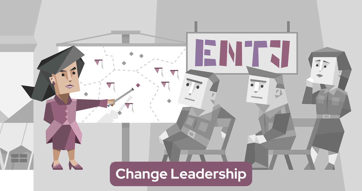 A female ENTJ professional stands in front of a strategic planning board. She wears a purple outfit and is holding a pointer, gesturing towards various diagrams and symbols on the board. Three grayscale colleagues watch attentively, two sitting men and one standing woman. Behind them, the letters "ENTJ" are prominently displayed on a sign.