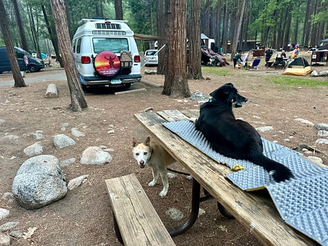 Yosemite Valley, Half Dome, El Capitan, Vernal and Nevada Falls, Bridal Veil Falls, campground with Liz and dogs