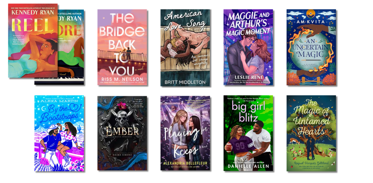 Grid of ten book covers arranged in two rows of five, titled Top 10 Reads So Far. Top row: Reel by Kennedy Ryan, another Kennedy Ryan title partially visible beside it, The Bridge Back to You by Riss M. Neilson, American Love Song by Britt Middleton, Maggie and Arthur's Magic Moment by Leslie Rene, and An Uncertain Magic by Am Kvita. Bottom row: By the Bootstraps by Alexa Martin, Ember by Naima Simone, Playing for Keeps by Alexandria Bellefleur, Big Girl Blitz by Danielle Allen, and The Magic of Untamed Hearts by Raquel Vasquez Gilliland