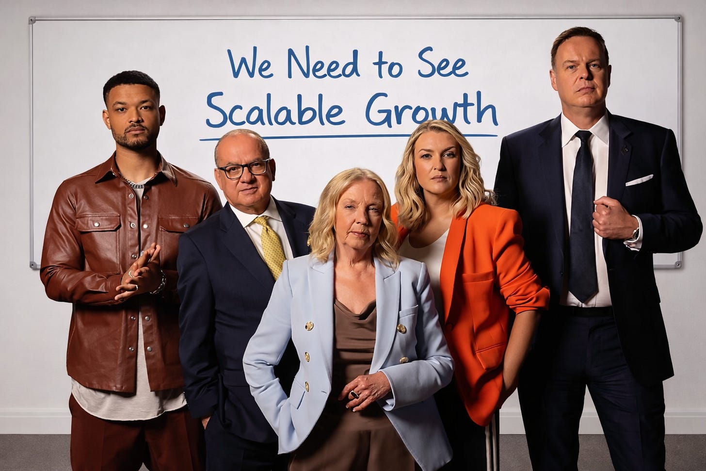 Five people dressed in professional and smart-casual clothing stand together in front of a large white board that has "We Need to See Scalable Growth" written on it in blue marker.
