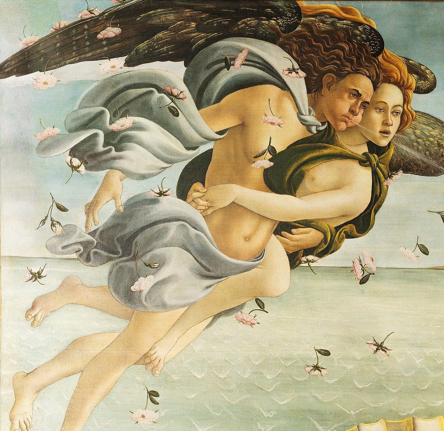 Detail of the two winged figures at the left of the painting
