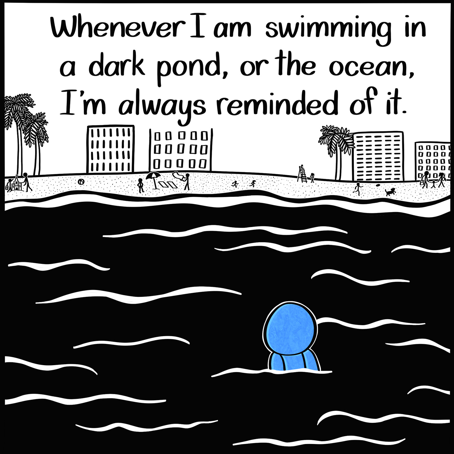 Caption: Whenever I am swimming in a dark pond, or the ocean, I'm always reminded of it. Image: The Blue Person swims in the ocean, alone, looking towards the beach where people appear to be having a good time.