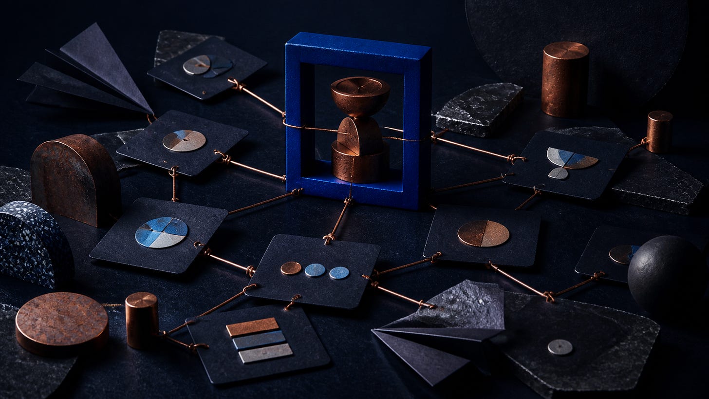 Connected black cards and geometric forms arranged around a blue open cube, representing a network of linked brand decisions