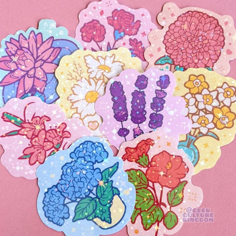 Full set flower collection stickers. Floral holographic glitter stickers. image 1