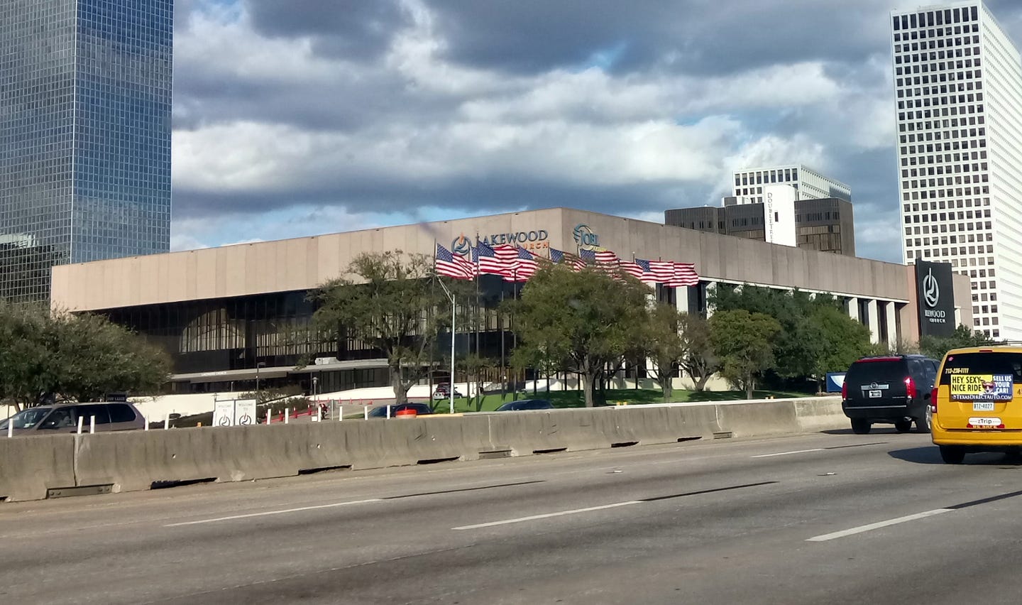 A host of American flags fly outside Joel Osteen’s megachurch in Houston, Texas. A host of American flags fly outside Joel Osteen’s megachurch in Houston, Texas.