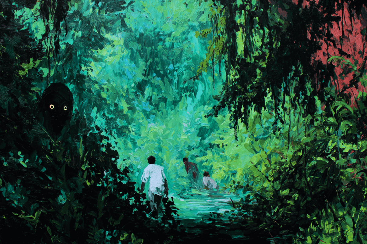 Featured image for The Subtext Review graphic review of "The Voice Said Kill" by Si Spurrier. Impressionistic oil painting of three figures wading through a swamp river, with a dark silhouette with glowing yellow eyes watching from thick green foliage.