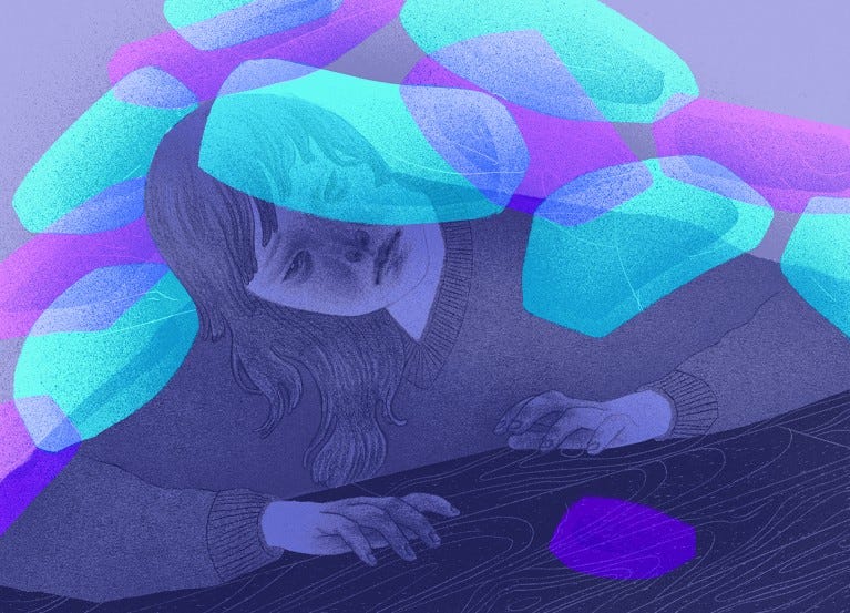 Conceptual illustration showing a person overwhelmed by the weight of surrounding shapes.