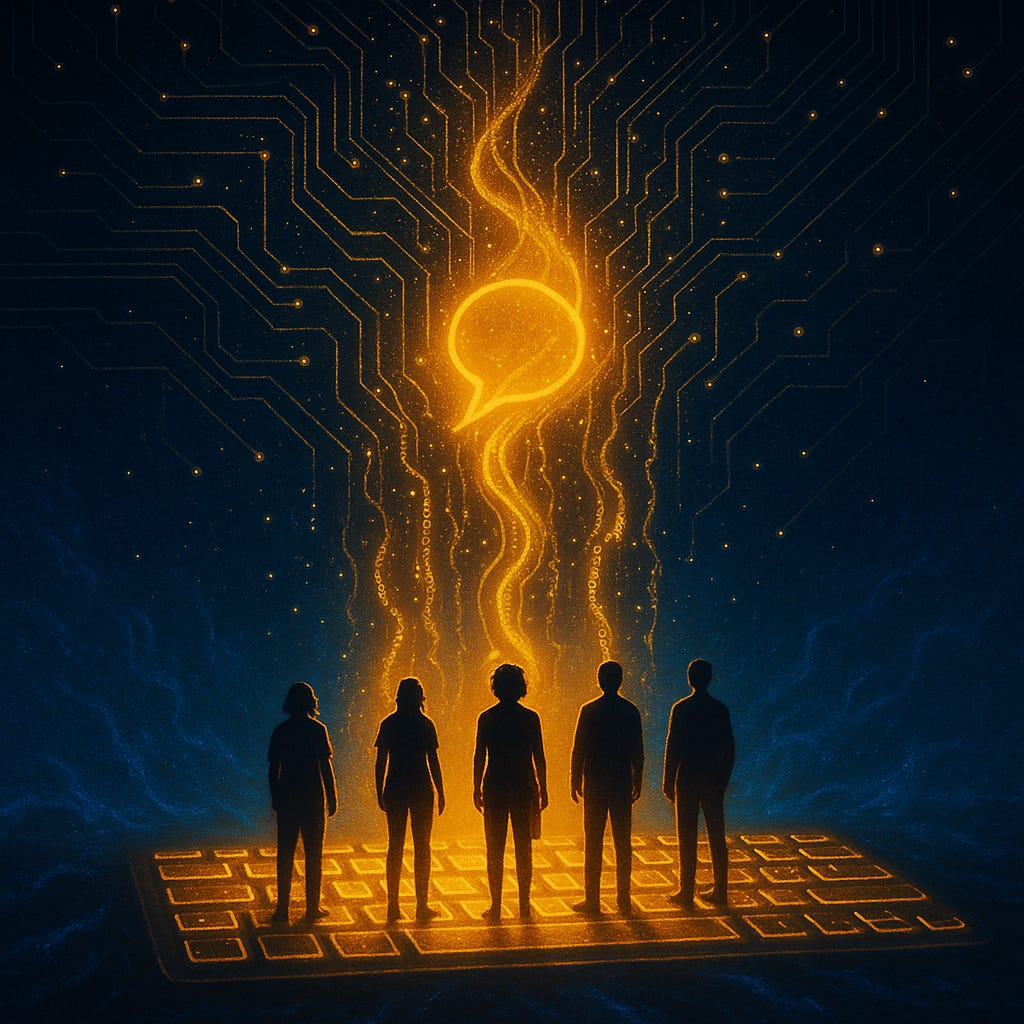 Five silhouetted figures stand on a glowing keyboard, looking up at a bright golden speech-bubble flame rising into a dark blue, circuit-patterned sky, symbolising online freedom of expression. Five silhouetted figures stand on a glowing keyboard, looking up at a bright golden speech-bubble flame rising into a dark blue, circuit-patterned sky, symbolising online freedom of expression.