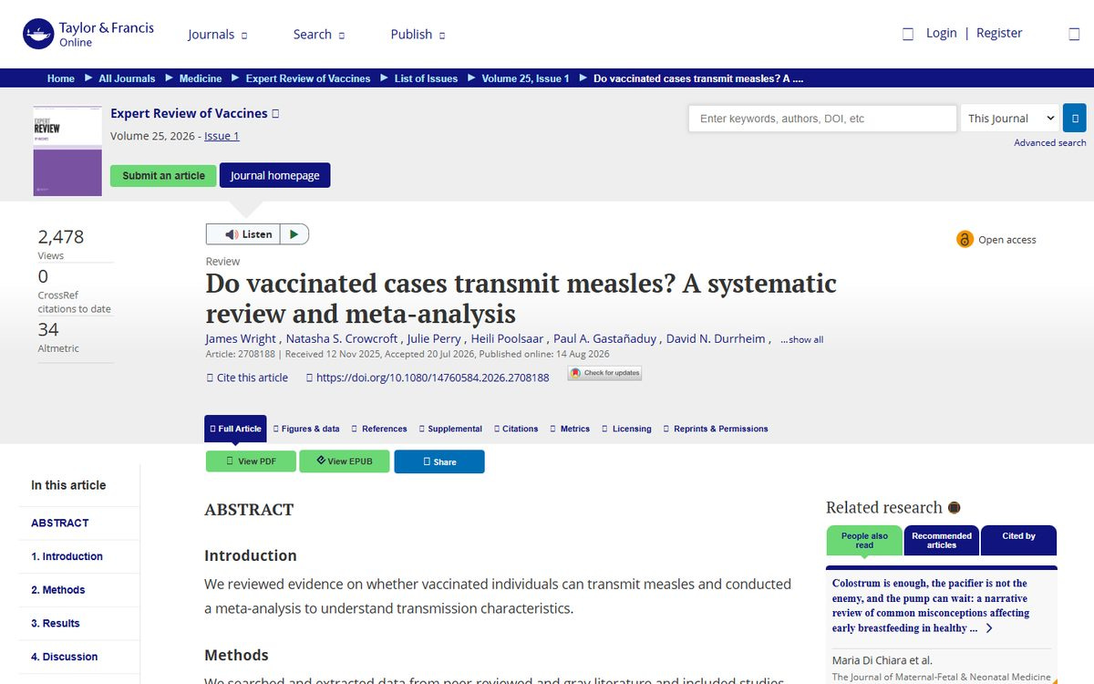 Screenshot of the paper on Taylor and Francis Online, Expert Review of Vaccines, published 14 August 2026. Screenshot of the paper on Taylor and Francis Online, Expert Review of Vaccines, published 14 August 2026.