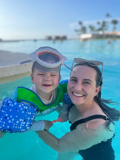 A series of pictures of a mom and her two young boys at the beach