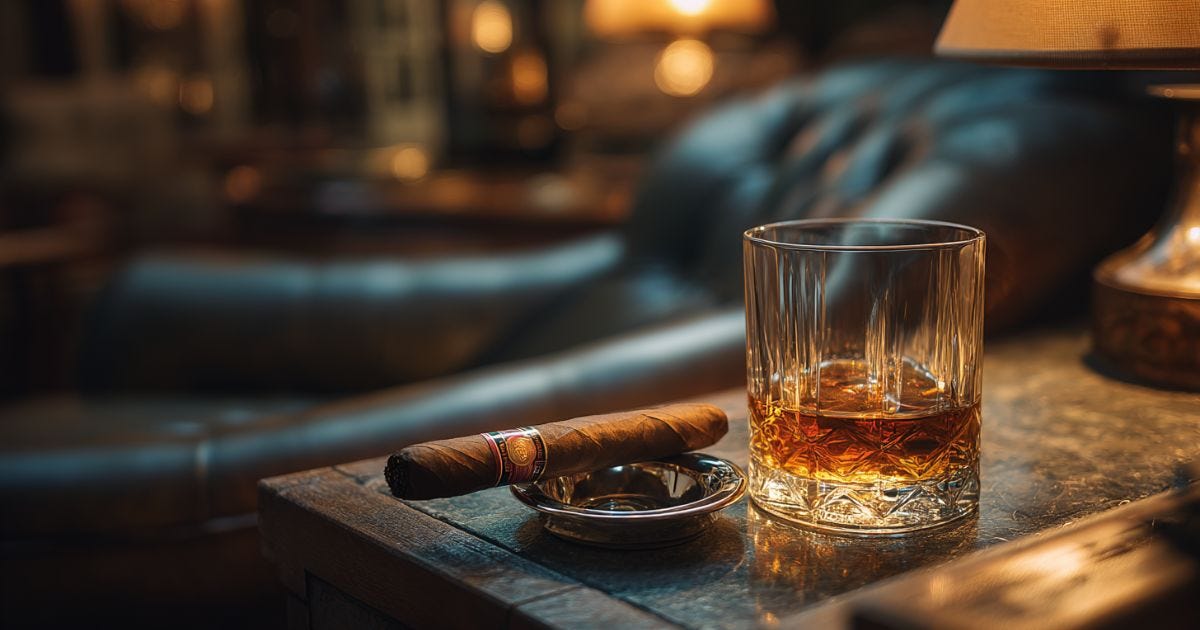Glass of whiskey and cigar in a cozy evening ritual.