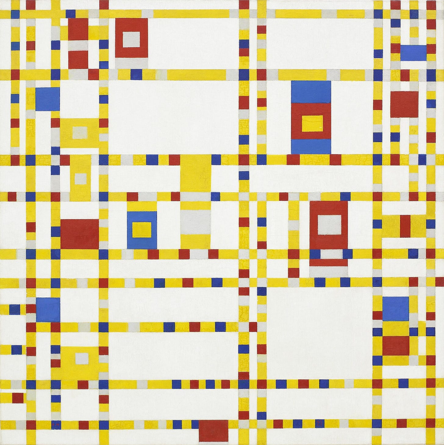Broadway Boogie Woogie by Piet Mondrian: a grid of yellow lines broken by small blocks of red, blue and gray Broadway Boogie Woogie by Piet Mondrian: a grid of yellow lines broken by small blocks of red, blue and gray