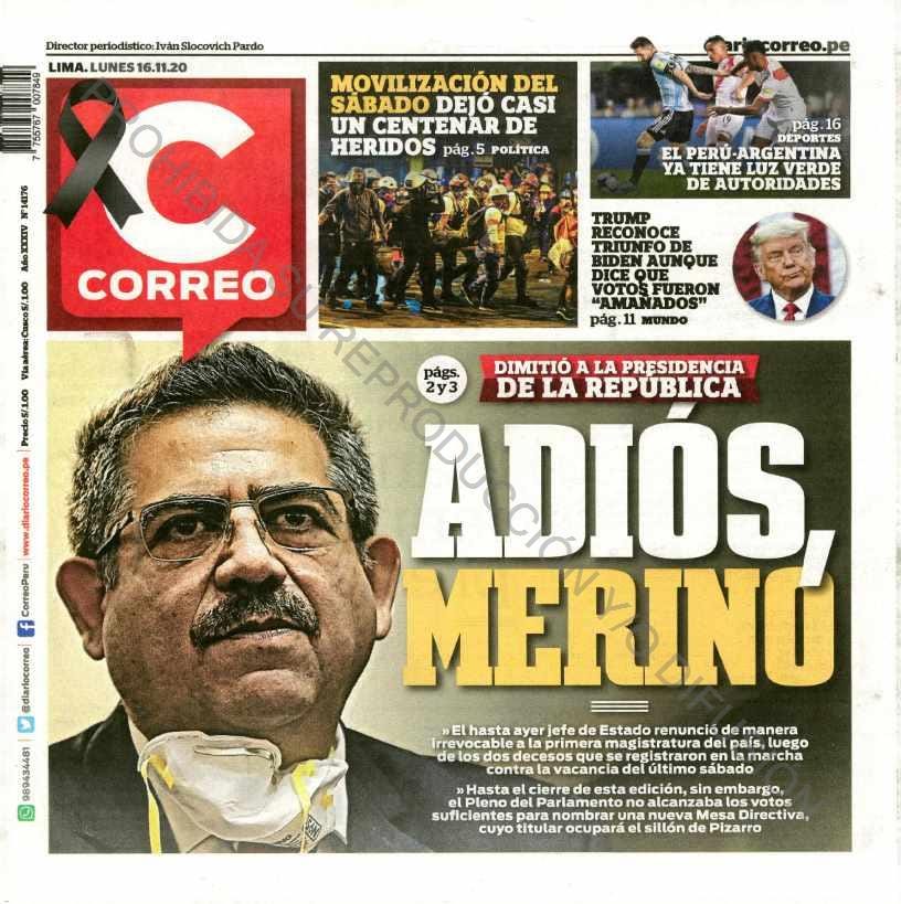 PORTADAS DE PRINCIPALES DIARIOS A NIVEL NACIONAL Y REGIONAL – LUNES 16 DE  NOVIEMBRE DE 2020 – RCR Peru