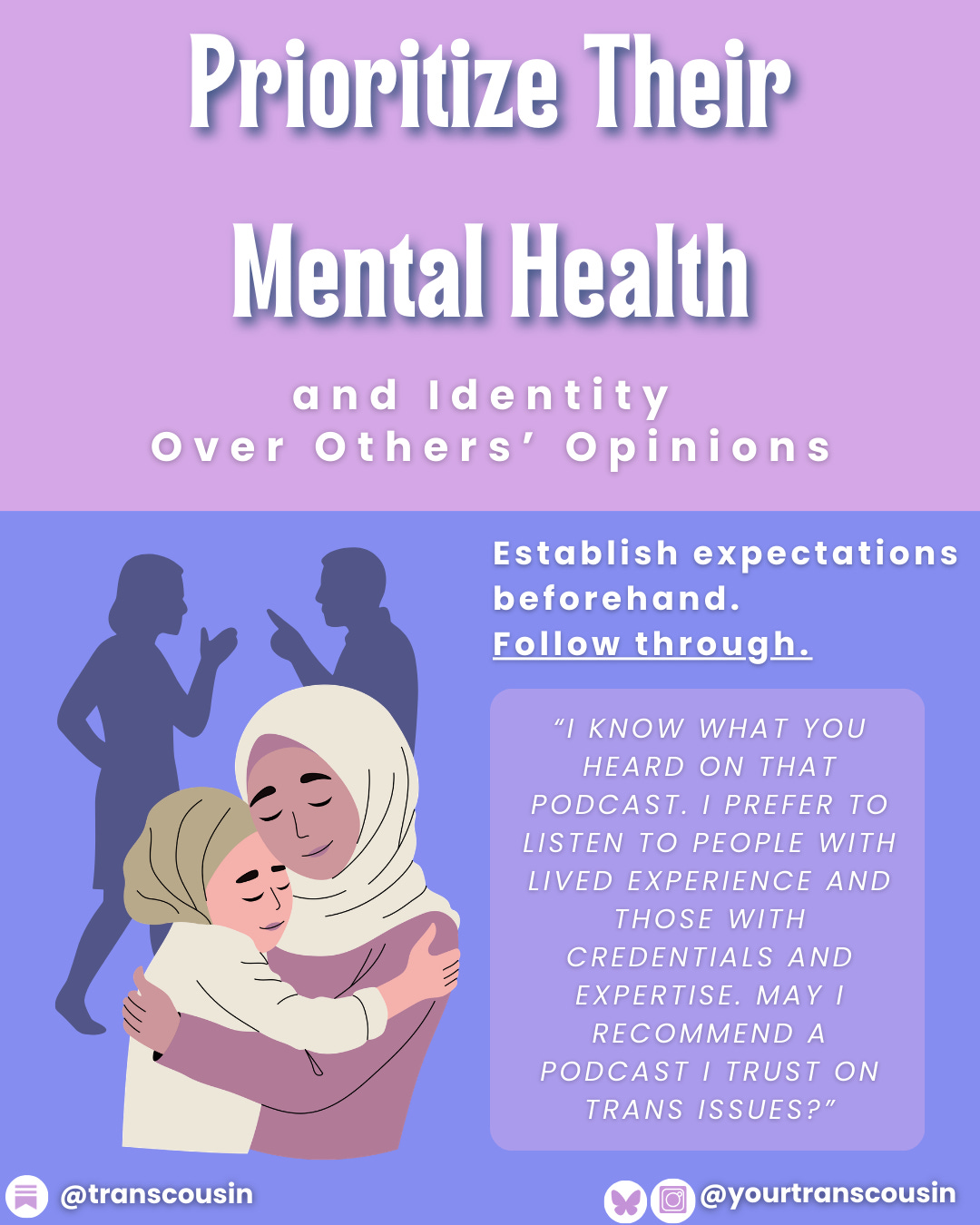 Cartoon women, both wearing hijab, hug; one is older and could be the other's mother or older sister. Behind them, shadows represent two people talking about the women. Cartoon women, both wearing hijab, hug; one is older and could be the other's mother or older sister. Behind them, shadows represent two people talking about the women.