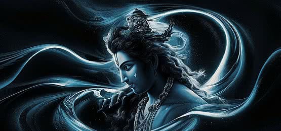 A Stunning Depiction Of Lord Krishna In Celestial Aura With Predominant  Black And Blue Color Theme The Focus Is On Divineenergy Emanating From Him  Rather Than His Physical Form Flow Shows Swirling