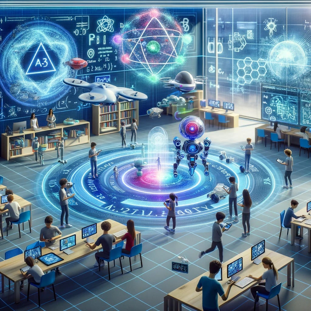 A dynamic and futuristic classroom scene where students are immersed in learning about multi-agent systems and game theory through cutting-edge interactive simulations. The room is equipped with holographic projections of algorithms and real-time simulations, where drones and robots navigate through complex scenarios. Students are actively participating, using tablets to manipulate the simulations, reflecting a modern and interactive approach to education in technology. A dynamic and futuristic classroom scene where students are immersed in learning about multi-agent systems and game theory through cutting-edge interactive simulations. The room is equipped with holographic projections of algorithms and real-time simulations, where drones and robots navigate through complex scenarios. Students are actively participating, using tablets to manipulate the simulations, reflecting a modern and interactive approach to education in technology.