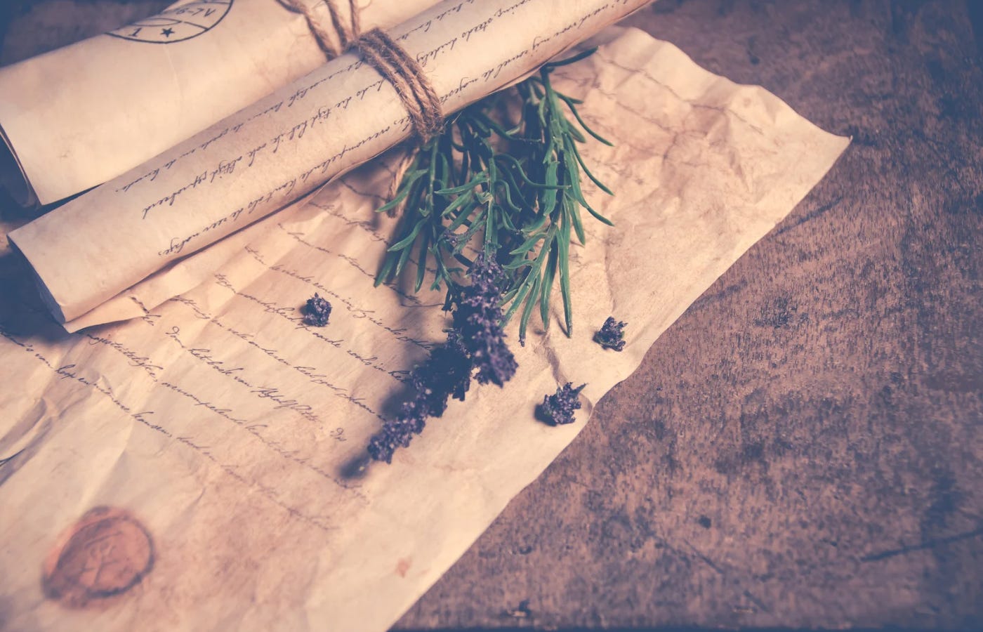 A close-up of old parchment covered in handwritten script, with rolled scrolls tied in twine and sprigs of lavender resting on top — evoking the preservation of forgotten wisdom and ancestral knowledge.