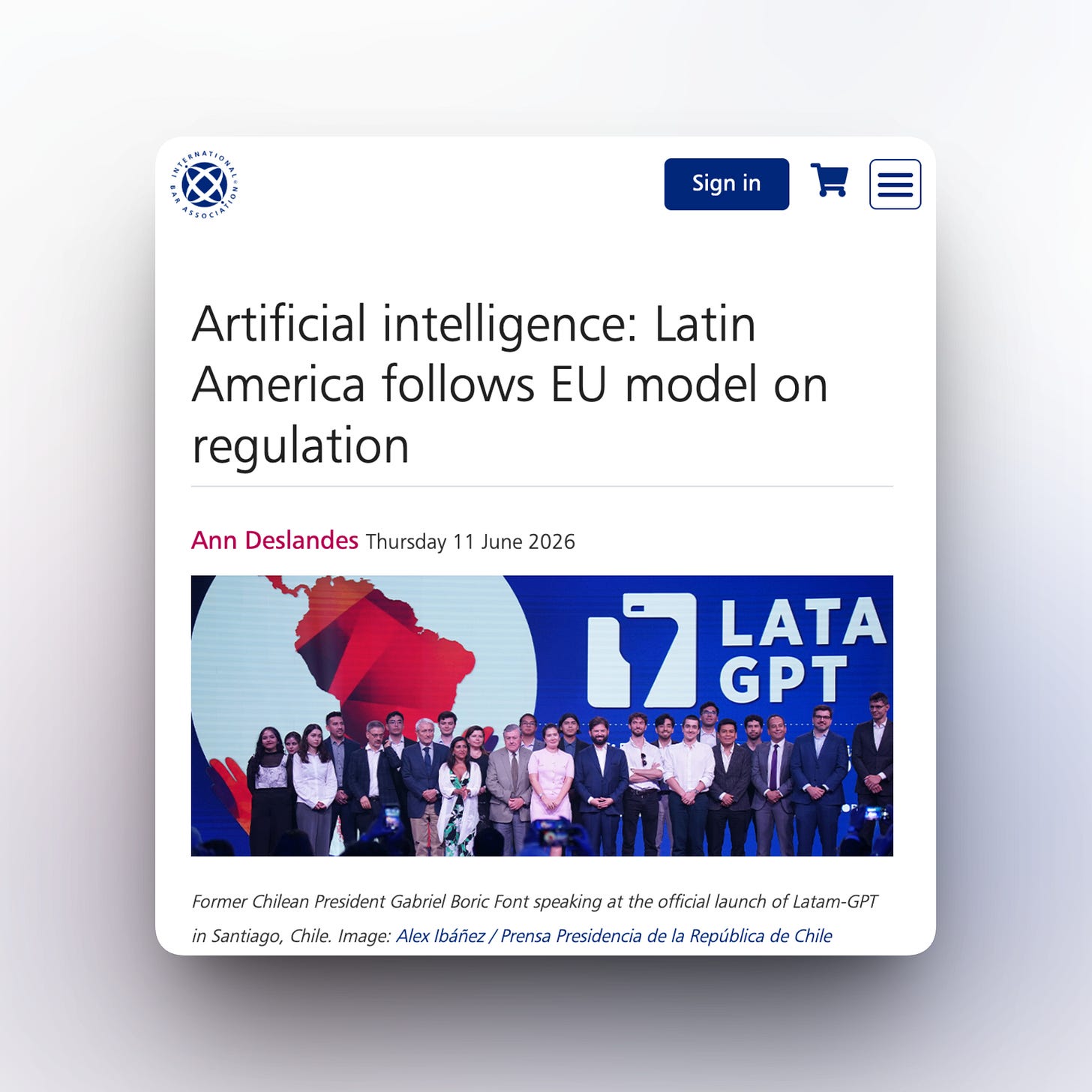 News article screenshot. The headline reads: Artificial intelligence: Latin America follows EU model on regulation
