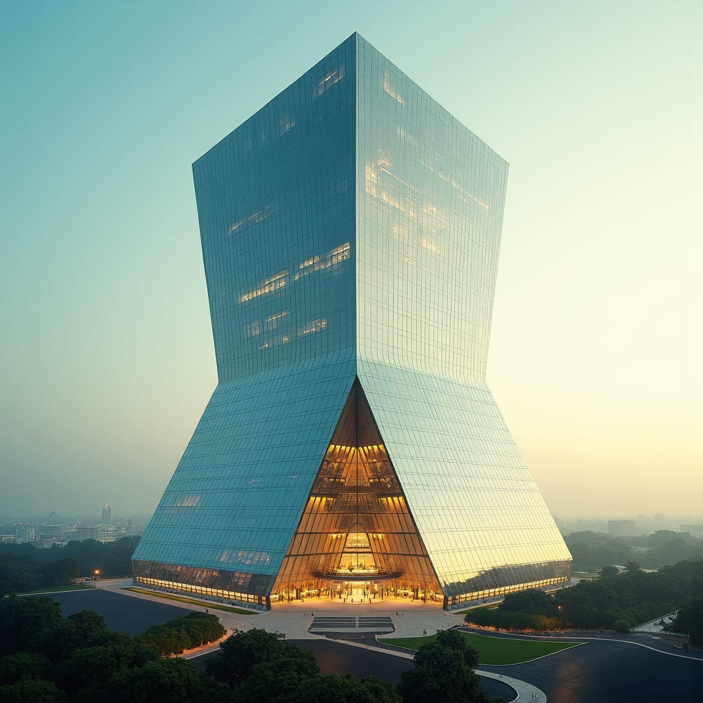 A colossal upside-down pyramid skyscraper located in the heart of Kingston, with its widest point at the top and the narrowest at the base. The building’s walls are made entirely of reflective glass, and it rises high above the city, defying traditional architectural logic. The upper floors house offices and luxury suites, with an open-air plaza at the base for public markets and events. Gravity-defying, inverted architecture, futuristic glass structure, urban marvel.