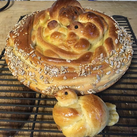 Several photos of challah that I’ve made for Shabbat Shirah in the shape of birds in a nest.