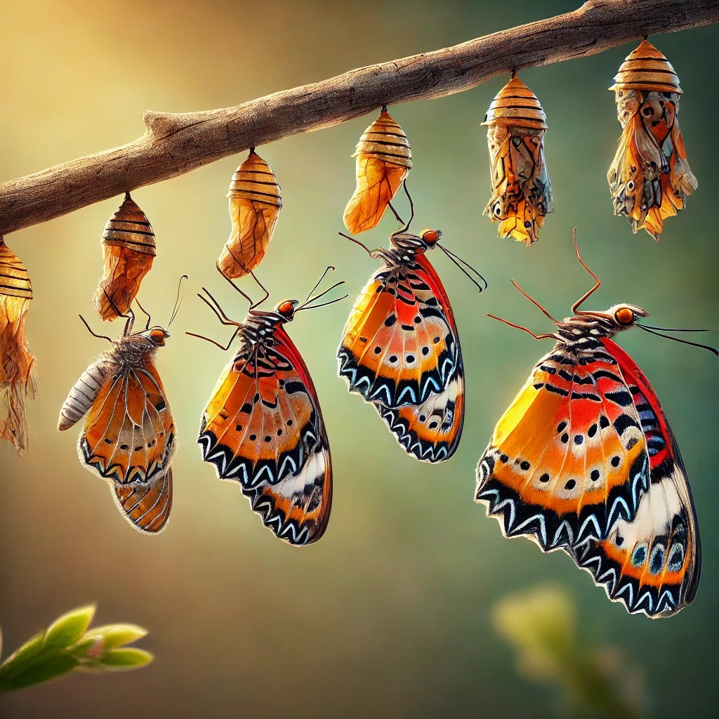 A single butterfly undergoing transformation from a cocoon. The image captures different phases of the metamorphosis in one continuous scene. Starting with the closed cocoon on a branch, the butterfly begins to emerge, gradually unfolding its wings. The process transitions smoothly from the cocoon breaking open to the butterfly fully spreading its colorful wings. The butterfly is depicted with vibrant orange, black, and yellow patterns on its wings, with each stage shown in sequence. The background remains soft and natural with gentle light filtering through the greenery, emphasizing growth and transformation.