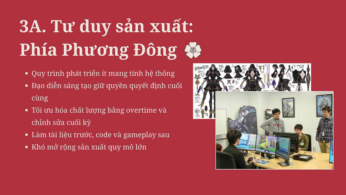May be an image of 5 people and text that says '3A. duy sản xuất: Phía Phương Đông ရို့ရင Quy trình phát triển ít mang tính hệ thống Đạo diễn sáng tạo giữ quyền quyết định cuối อูค 共再は cùng Tối ưu hóa chất lượng bằng overtime và chỉnh sửa cuối kỳ Làm tài liệu trước, code và gameplay sau •Khó mở rộng sản xuất quy mô lớn' May be an image of 5 people and text that says '3A. duy sản xuất: Phía Phương Đông ရို့ရင Quy trình phát triển ít mang tính hệ thống Đạo diễn sáng tạo giữ quyền quyết định cuối อูค 共再は cùng Tối ưu hóa chất lượng bằng overtime và chỉnh sửa cuối kỳ Làm tài liệu trước, code và gameplay sau •Khó mở rộng sản xuất quy mô lớn'
