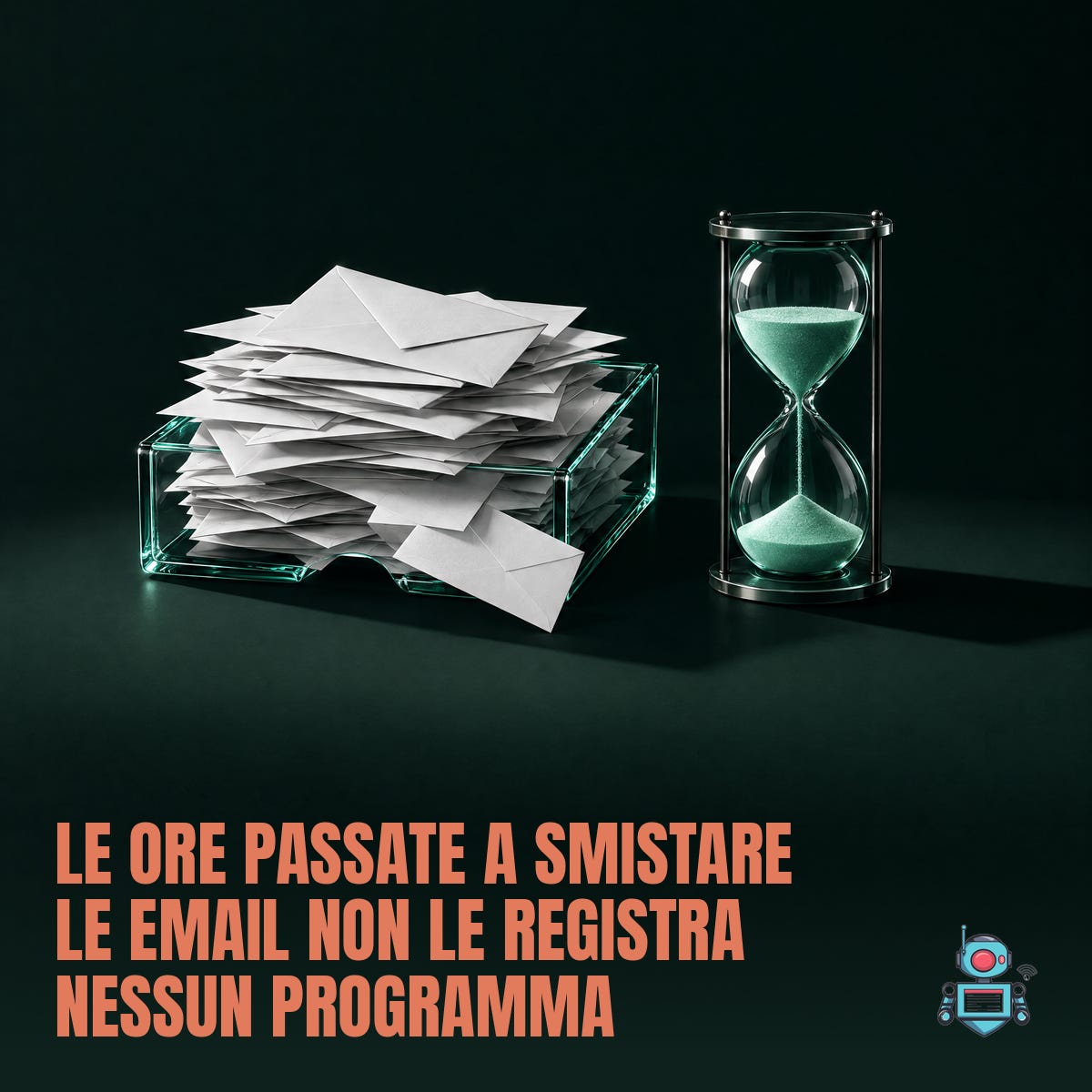 Una vaschetta della posta piena di buste e una clessidra: le ore passate a smistare le email non le registra nessun programma
