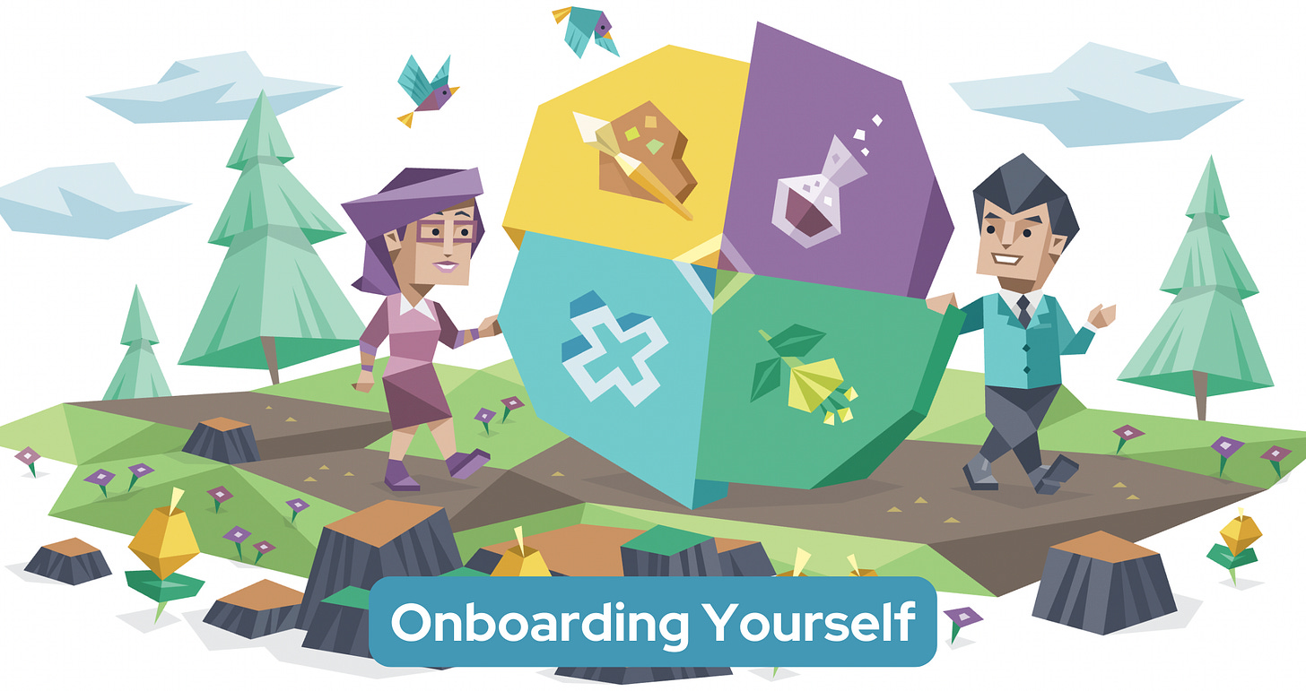 Two coworkers walking along a path in the forest while rolling a large multi-colored wheel between them. Text reads: Onboarding Yourself. Two coworkers walking along a path in the forest while rolling a large multi-colored wheel between them. Text reads: Onboarding Yourself.