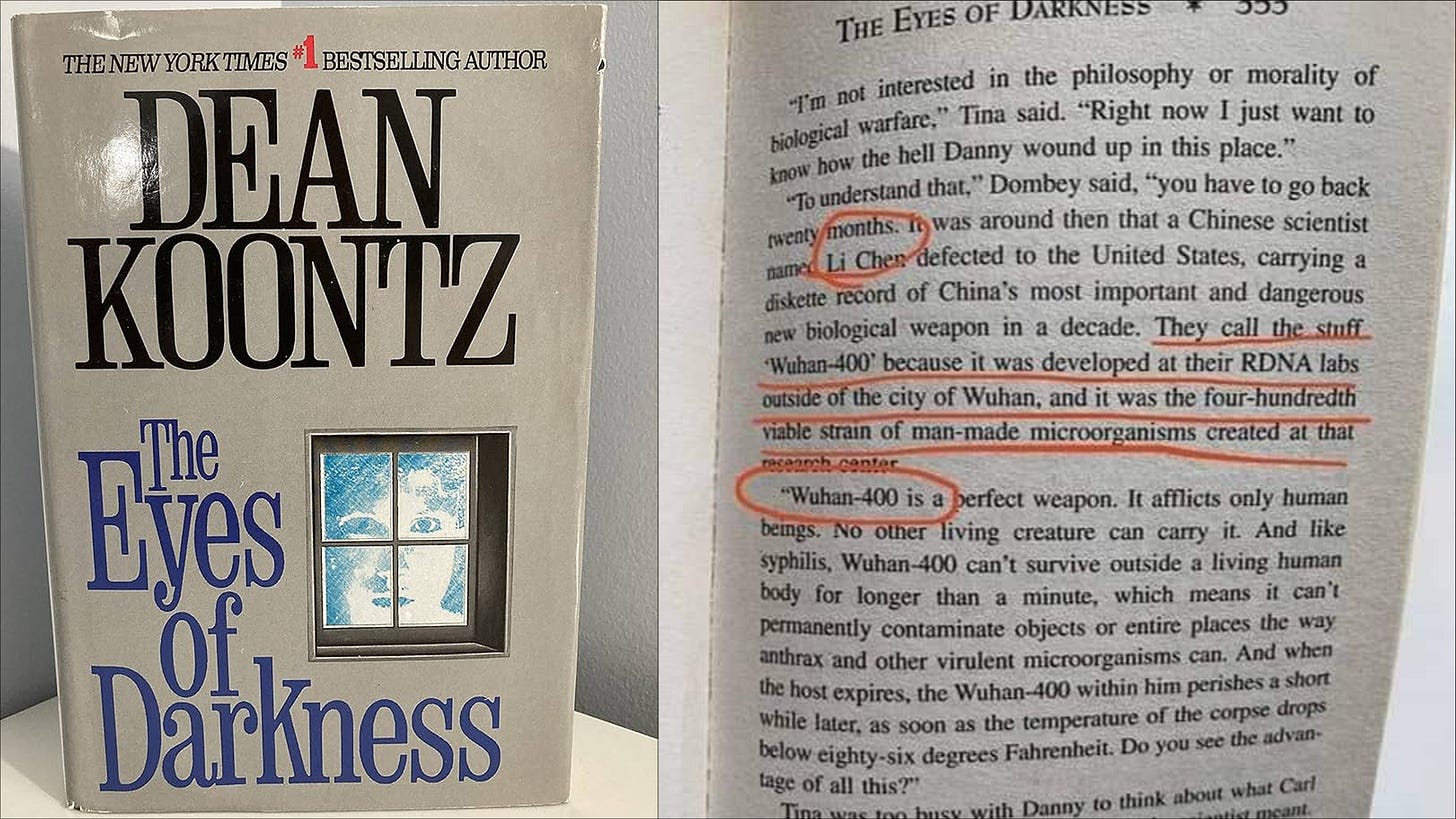 Cover of the 1981 novel ‘The Eyes of Darkness’ by Dean Koontz, which mentions a fictional bioweapon virus called ‘Wuhan-400’ created in a lab near Wuhan, China.
