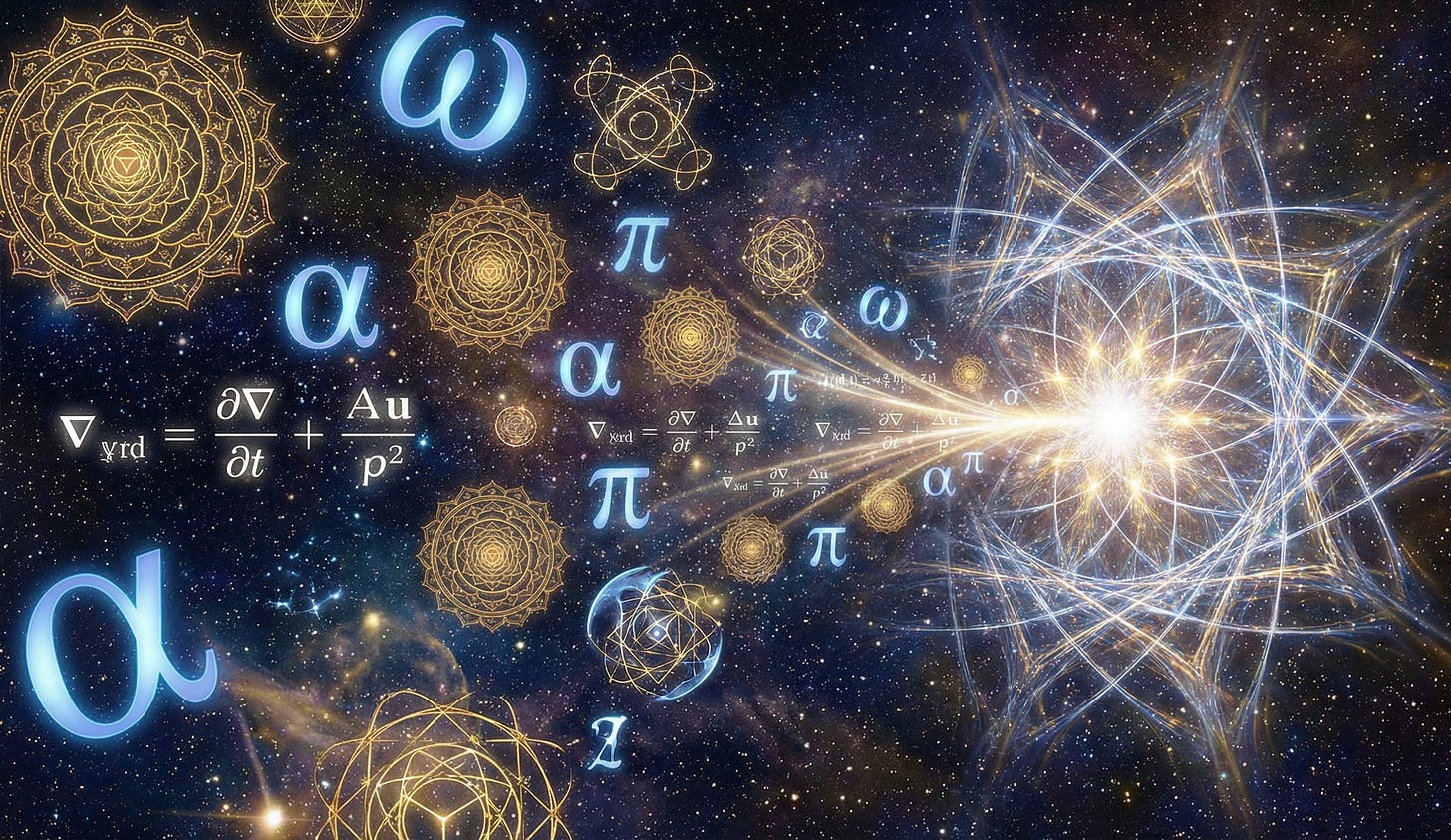 Ancient symbols and equations from millennia of human questioning converging toward a point of light suggesting imminent answers.