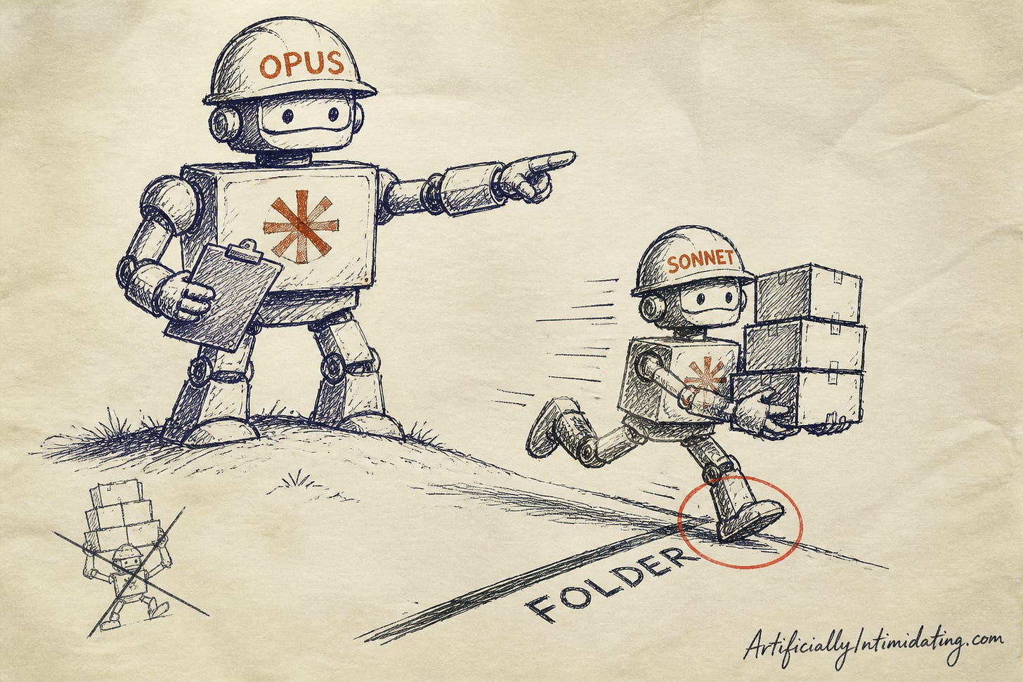 A large rust-orange robot foreman in a hard hat marked OPUS points the way while a smaller robot marked SONNET sprints ahead with a stack of boxes, one foot stepping over a chalk line marked FOLDER. A large rust-orange robot foreman in a hard hat marked OPUS points the way while a smaller robot marked SONNET sprints ahead with a stack of boxes, one foot stepping over a chalk line marked FOLDER.
