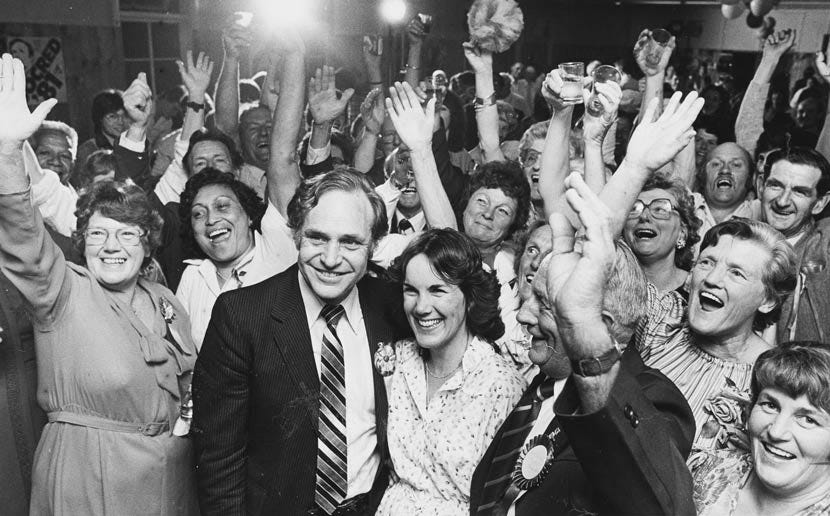 Bruce and Beverley Beetham celebrate his re-election to the Rangitīkei seat in Marton in 1981.
