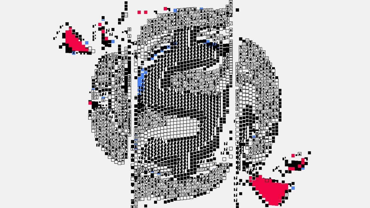 A coin made of pixels and numbers that's fragmenting and falling apart