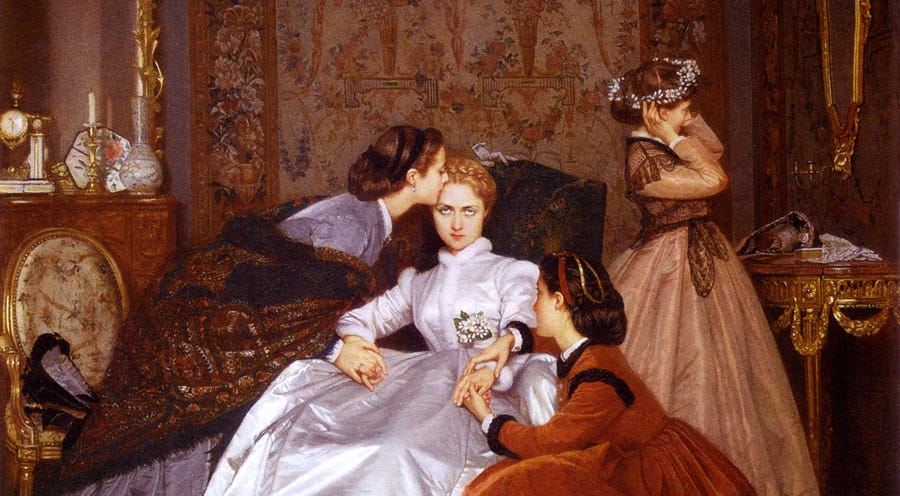 Painting of a woman looking angry and disappointed surrounded by her bridesmaids.